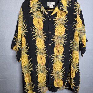 VTG Avanti Men’s Hawaiian Pineapple Silk Button SS Shirt Black Gold Size XXL